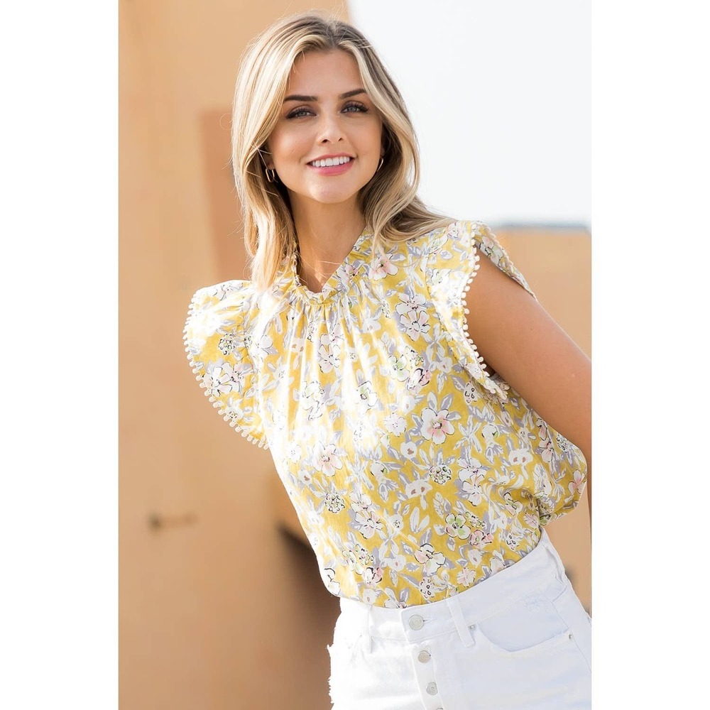 THML Women Cotton Top XS Yellow Floral Ruffle Preppy Garden Party Spring